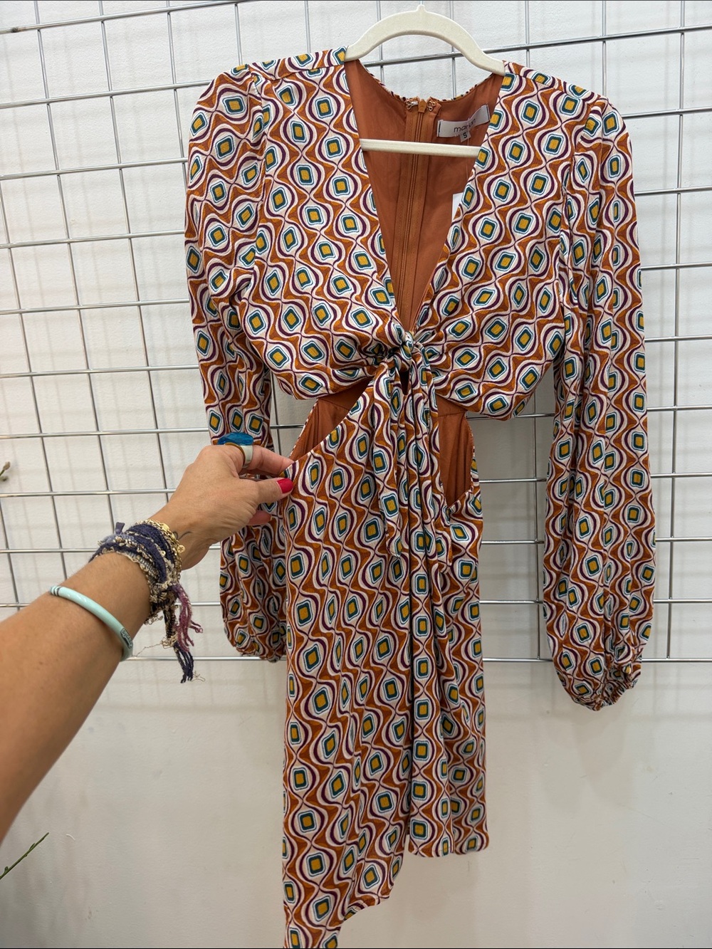 Vintage-Inspired Rust Geometric Tie-Front Dress